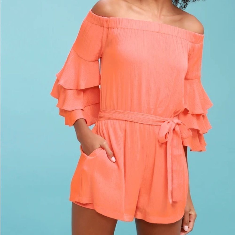 Lulu's Santa Ana Off-the-Shoulder Romper Coral Color Size XSMALL